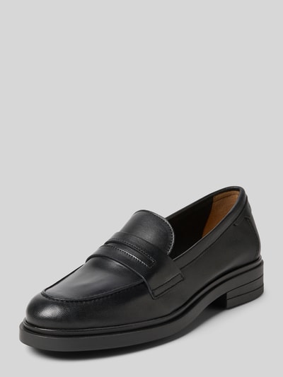 Produktfoto, Loafer aus echtem Rindsleder von Marc O'Polo, czarne gładkie skóra, zaokrąglony nosek, blokowy obcas, profilowana podeszwa, tłoczone logo