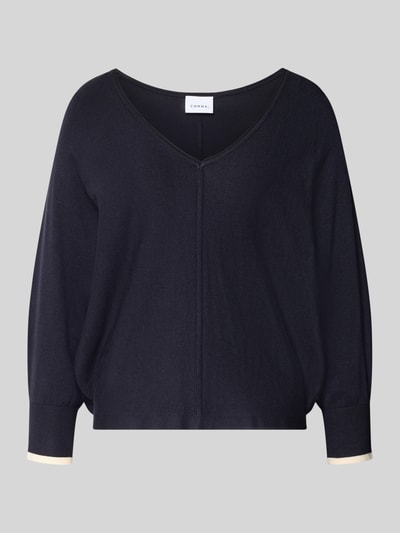 Produktfoto, Strickpullover aus Viskose-Mix mit V-Ausschnitt von comma, kolor granatowy, krój regular fit, kontrastowe mankiety, długość tyłu w rozmiarze S 52 cm, długość rękawa w rozmiarze S 56 cm, miękka faktura