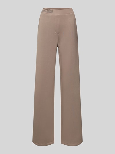 Produktfoto, Stoffhose mit elastischem Bund von Betty Barclay im Viskose-Mix mit Stretch-Anteil, lockerer Schnitt, Label-Detail, französische Eingrifftaschen, Gesäßtaschen, Bundweite 106 cm, Innenbeinlänge 78 cm, beige Farbe, glatte Textur.