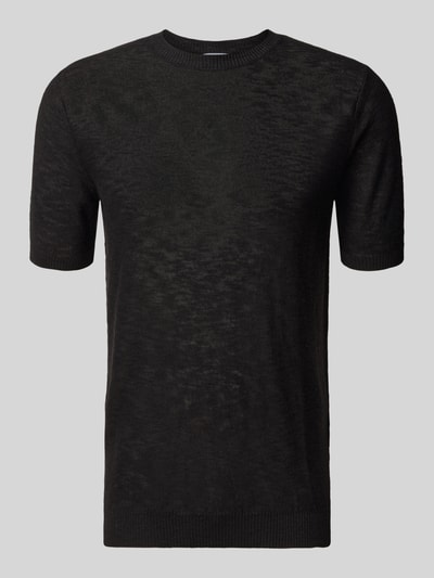 Produktfoto, Slim Fit T-Shirt aus Leinen-Mix in Strick-Optik von Antony Morato, czarny, mieszanka lnu i wiskozy, krój slim fit, imitacja dzianiny, okrągły dekolt, krótki rękaw, elastyczne wykończenia, długość tyłu w rozmiarze M: 72 cm