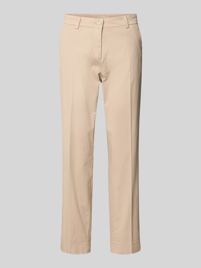 Produktfoto, Straight Fit Stoffhose mit Bügelfalten Modell 'Karina' von Cambio, beżowy materiał, elastyczna mieszanka bawełny, szerokość w rozmiarze 36: 40 cm, długość nogawki wewnętrznej w rozmiarze 36: 70 cm, tylnie kieszenie, zapięcie na guzik i zamek.