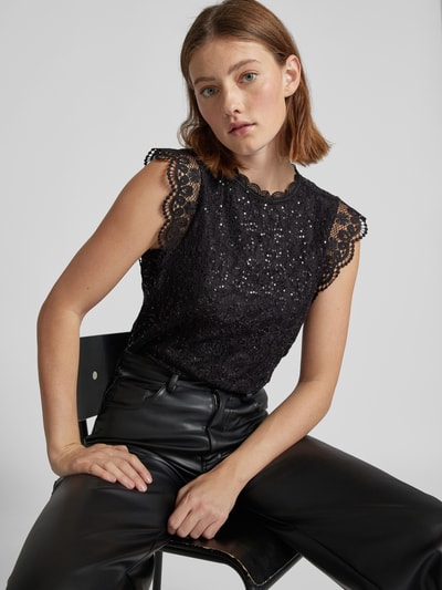 Pieces Regular Fit Spitzentop mit Pailletten Modell 'OLLINE' Black 3