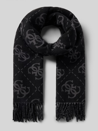 Produktfoto, Schal mit Viskose-Anteil von GUESS im Rechteck-Design, schwarze Grundfarbe mit grauen Logo-Details und Fransenabschluss, Material-Mix, 70x190 cm