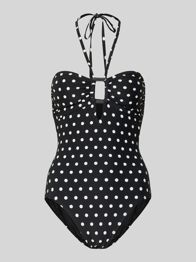 Produktfoto, schwarzer Bandeau-Badeanzug im Allover-Look Modell 'CLASSIC DOT BANDEAU' von Michael Kors mit weißen Punkten, Material-Mix mit Stretch-Anteil, körpernahe Passform.