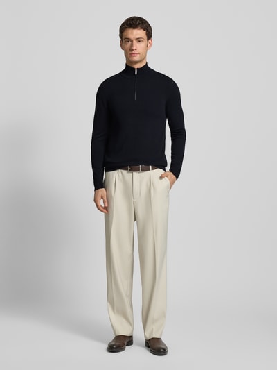 Profuomo Slim Fit Strickpullover mit Seiden-Anteil und Reißverschluss Marine 1