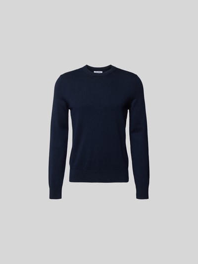 Produktfoto, Slim Fit Pullover aus Woll-Mix von Filippa K in Dunkelblau mit Strick-Optik, Rundhalsausschnitt, langärmelig, Rückenlänge 72 cm bei Größe M.