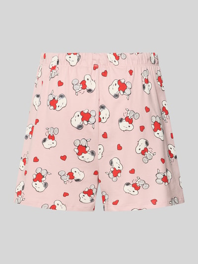 Produktfoto, różowe spodenki 'Pyjama-Hose im Allover-Look' od Jake*s Casual z nadrukiem postaci i serduszek, bawełna, krój relaxed fit, elastyczny pas.