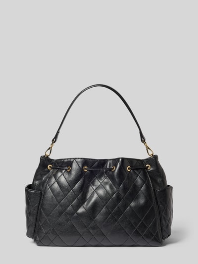 Produktfoto, schwarze Handtasche mit Steppnähten, Kordelzug, Modell 'CHARLIE' von MANGO, strukturierte Oberfläche, goldene Details, Damenaccessoire