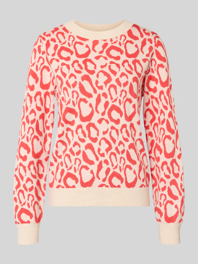 Produktfoto, Slim Fit Pullover aus Viskose-Mix Modell 'JACQUARD' von Vila mit Strick-Optik, Allover-Animal-Stitching, Rundhalsausschnitt, elastische Abschlüsse, in Rosa und Creme