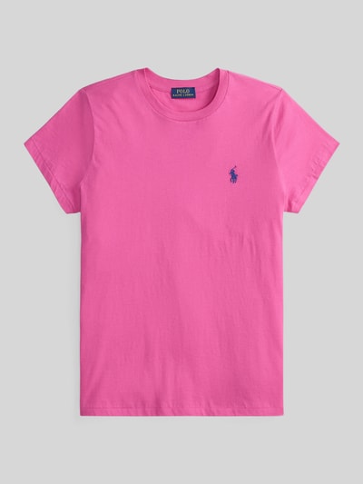 Produktfoto, T-Shirt mit Label-Stitching von Polo Ralph Lauren w kolorze różowym, czysta bawełna, krój regular fit, okrągły ściągaczowy dekolt, długość pleców w rozmiarze S: 54 cm