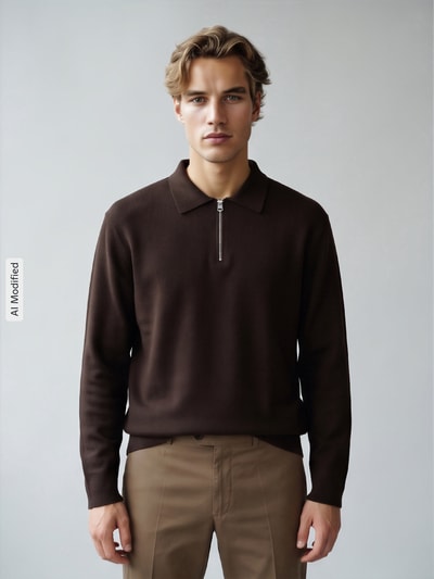 Selected Relaxed Fit Pullover aus reiner Viskose mit halblangem Zipper Dunkelbraun 4
