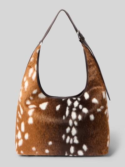 Produktfoto, Handtasche aus Kunstfell im Allover-Look von Gina Tricot in Braun mit weißem Muster, Hauptfach mit Reißverschluss, verstellbarer Tragehenkel, Maße: Breite 40 cm, Länge 47 cm, Tiefe 11 cm, Schulterriemen 33 cm.