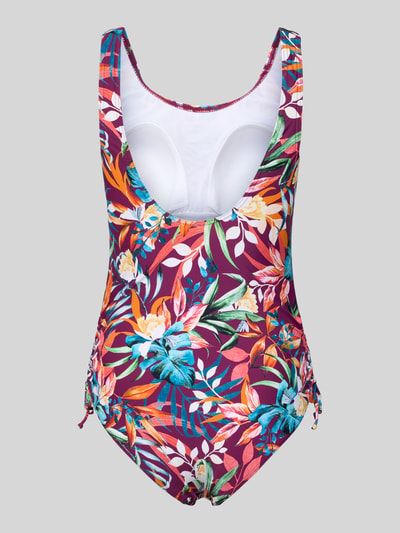 Frauenmodel trägt Slim Fit Badeanzug mit Raffungen Modell 'Cadu' von VENICE BEACH im Elastischer-Material-Mix, floraler Allover-Print, Ärmelloses-Design, Ganzkörperansicht Rückansicht.