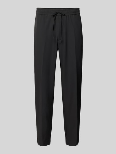 Productfoto, zwarte tapered fit stofhose met tunnelkoord Model 'T_FLEX' van BOSS Green, uni-look, mid waist, labelapplicatie, elastische tailleband, steekzakken, zachte textuur