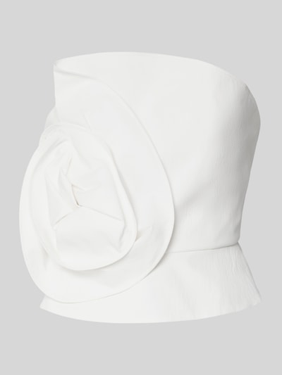 Produktfoto, Slim Fit Top mit floraler Applikation von Jake*s Cocktail in Weiß mit Strukturmuster, Schulterfrei, Reißverschluss, Rückenlänge 24 cm bei Größe 36.