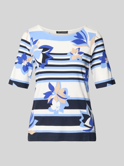 Produktfoto, T-Shirt aus Viskose-MIx mit Rundhalsausschnitt von Betty Barclay, damski t-shirt, mieszanka wiskozy i elastanu, taliowany krój, okrągły dekolt, rękaw o dł. 1/2, długość tyłu w rozmiarze 36: 59 cm, biały z niebieskimi i beżowymi paskami oraz kwiatowymi wzorami, gładka tekstura