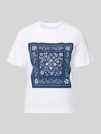 Produktfoto, T-Shirt mit Motiv-Print und Ziersteinbesatz von Rich & Royal aus reiner Baumwolle in Weiß mit blauem Print, Regular Fit, Rundhalsausschnitt, Rückseite nicht sichtbar