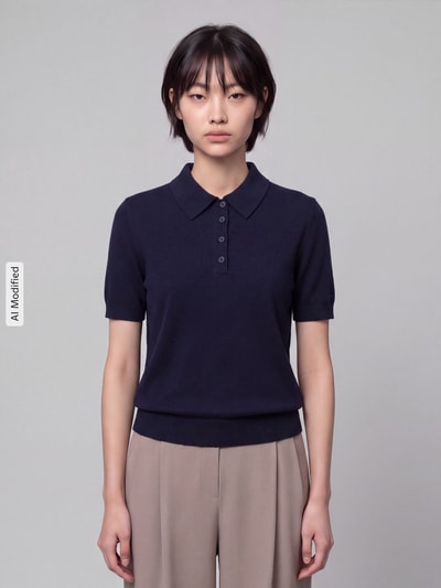 Vrouwenmodel draagt Regular Fit poloshirt uit mix van katoen en kasjmier van GANT, Dames poloshirt, donkerblauw, frontale borstclose-up, KI-modificeerd beeld