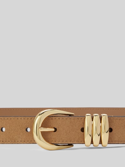 Produktfoto, Gürtel aus echtem Leder mit metallischen Akzenten von Lauren Ralph Lauren, braune Farbe, goldene Details, glatte Textur