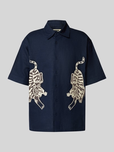 WOODBIRD Relaxed Fit Leinenhemd mit Motiv-Stitching Modell 'Wang' Marine 2