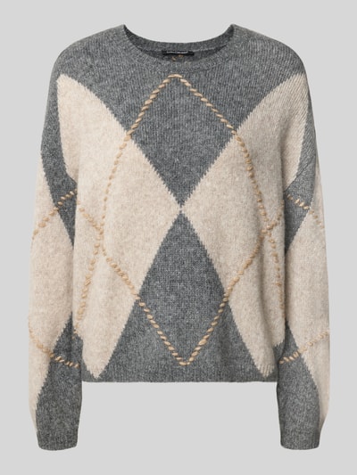 Produktfoto, Strickpullover im Allover-Look mit Rundhalsausschnitt von Luisa Cerano, Material-Mix mit Alpaka-Anteil, grau-beigefarbenes Rautenmuster, weiche Textur, Regular Fit, Rückenlänge 55 cm, Ärmellänge 50 cm