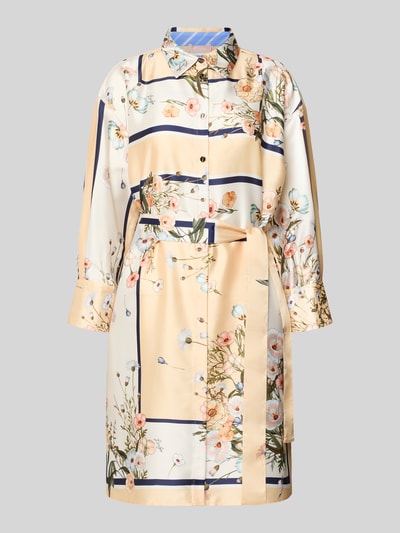 Produktfoto, Knielanges Kleid mit floralem Allover-Print von Liu Jo White in Creme mit Blumenmuster, Satin, taillierte Passform, Umlegekragen, langärmlig, Logo-Print, Knopfleiste, abnehmbares Stoffband, elegante Textur.