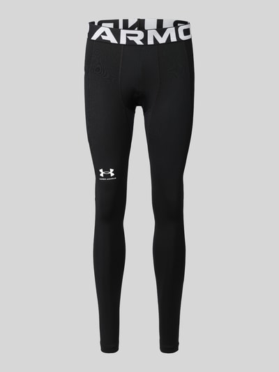 Produktfoto, schwarze Slim Fit Sport-Leggings mit Logo-Print von Under Armour, glatte Textur, Herren Sport-Leggings von Under Armour