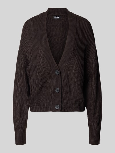 Productfoto, donkerbruin gebreid jack met v-hals en knopen, boxy fit, model 'CAROL' van ONLY, Dames gebreid jack