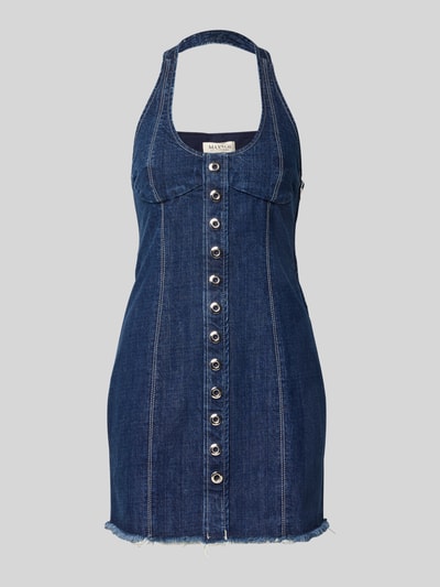 Produktfoto, Mini-Jeanskleid aus reiner Baumwolle Modell 'LONCIA' von MAX&Co., dunkle Denim-Optik, Kontrast-Nähte, Destroyed-Details, Reißverschluss, Neckholder, Struktur durch robuste Baumwolle