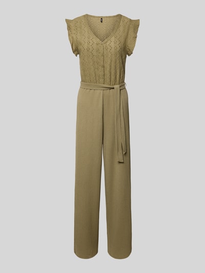 Productfoto, Regular Fit Jumpsuit mit Lochstickerei Modell 'LELISA' van Only dames, effen kleuren, met riemlussen en strikceintuur, ajourwerk, V-hals, korte knoopsluiting, kapmouwen