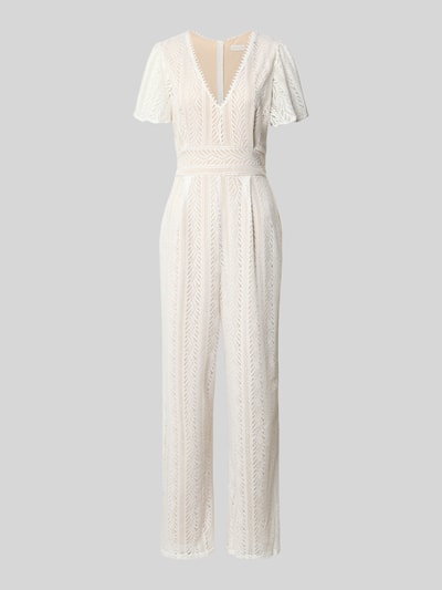 Produktfoto, Jumpsuit mit Lochstickerei und rückseitigem Reißverschluss von Apricot in Creme, Regular Fit, V-Ausschnitt, feine Textur