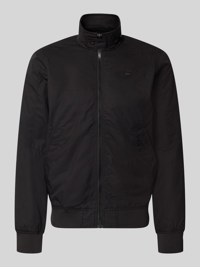 Produktfoto, schwarze Jacke mit Stehkragen und Reißverschluss von G-Star Raw aus Baumwoll-Mix, Regular Fit, glatte Textur, neutrale Ansicht.