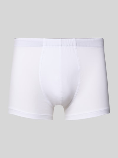 Produktfoto, Boxershorts met elastische band van Hanro, mix van katoen en elastaan, nauwsluitend model, heren, wit, gladde textuur.