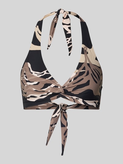 Productfoto, Bikini-Oberteil met neckholder model 'Melyd' van Barts, V-hals, cross halter, striksluiting, materiaal-mix met stretch, bruin-beige zwart print.