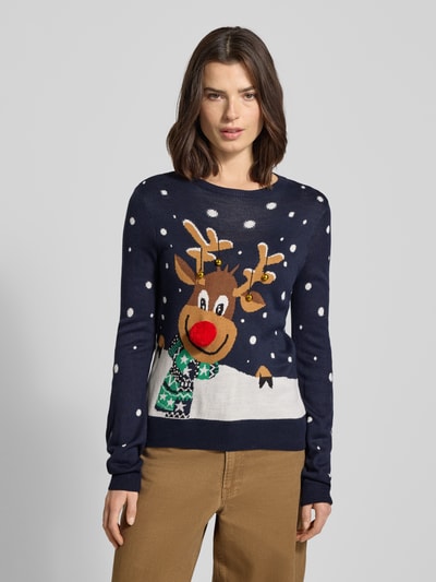 VERO MODA Regular Fit Weihnachtspullover mit Pom-Pom Modell 'FROSTYDEER' Dunkelblau 4