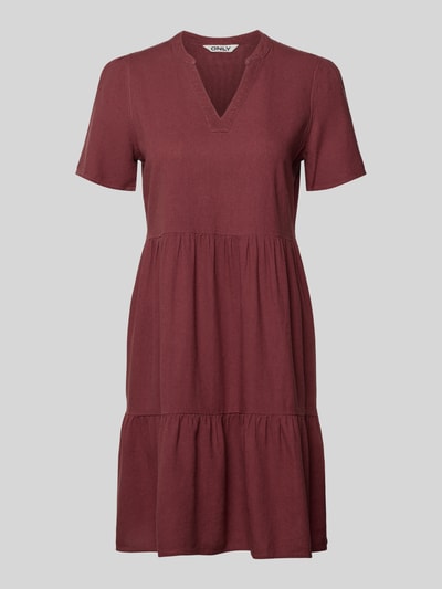 Produktfoto, A-Linie Freizeitkleid aus Viskose-Leinen-Mix Modell 'TIRI-GOA' von Only in Unifarbe Braunrot, Mini-Länge, Flammgarn-Optik