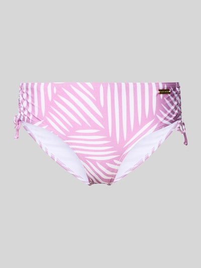 Produktfoto, Bikinihose mit seitlichen Raffungen Modell 'Liv' von LASCANA, rosa-weißes Allover-Blattmuster, elastischer Material-Mix, körpernah