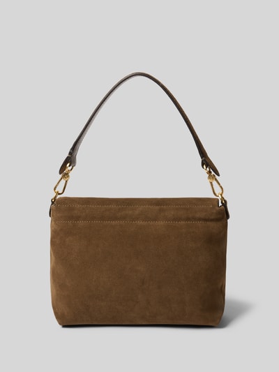 Produktfoto, Handtasche aus Leder Modell 'TEMI' von Abro in Braun, rechteckige Form, glatte und strukturierte Oberfläche, goldfarbene Details, Hauptfach mit Überschlag und Magnetverschluss, Tragehenkel und Schulterriemen, Maße 27x21x11 cm, Länge Schulterriemen 105 cm.