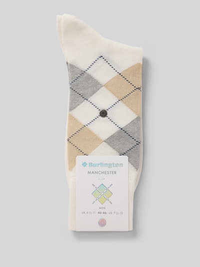 Produktfoto, Socken aus Baumwoll-Mix Modell 'MANCHESTER' von Burlington, Mieszanka bawełny, prążkowane ściągacze, detal z logo z efektem metalicznym, z napisem z logo