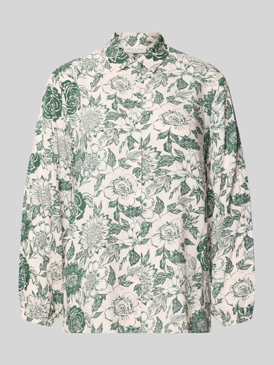 Produktfoto, Bluse aus reiner Viskose von Christian Berg Woman mit grünem Blumenmuster, lockerer Passform, elastischen Ärmelbündchen, Knopfleiste, Langarm, Rückseite 70 cm, Ärmel 60 cm, weiße und grüne Farbtöne, glatte Textur