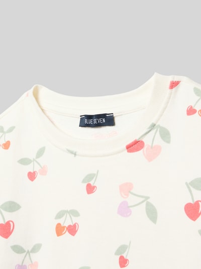 Produktfoto, Sweatshirt mit Rundhalsausschnitt und Motiv-Print von Blue Seven aus Reine Baumwolle mit Kirschen Motiv-Print, lockerer Schnitt, gerippter Rundhalsausschnitt, helle Grundfarbe mit roten und grünen Akzenten