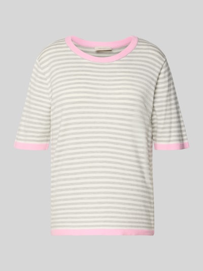 Productfoto, Relaxed Fit T-Shirt aus Viskose-Mix Modell 'Zanti' van FREE/QUENT, gestreept in lichtgrijs en wit, roze boorden, halve mouw, ronde hals, gebreide look, elastische afwerking, voor dames