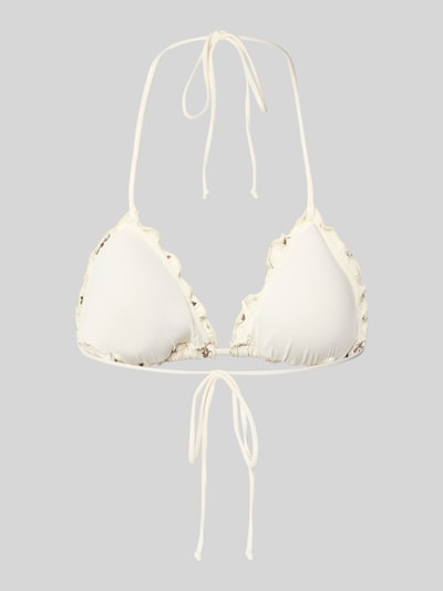 Produktfoto, Bikini-Oberteil in Triangel-Optik Modell 'Sagittarius' von MC2 Saint Barth, elastischer-Material-Mix, Slim-Fit, florales-Allover-Stitching, cremefarbener Stoff mit dekorativen Rändern.