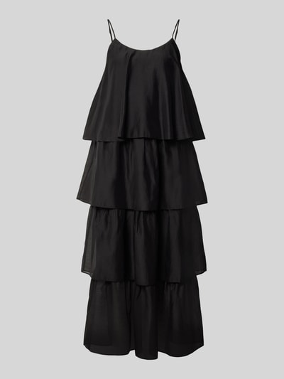 Produktfoto, schwarzes Midikleid aus Lyocell-Mix im Stufen-Look von Jake*s, A-Linie, Spaghettiträger, strukturierte Oberfläche