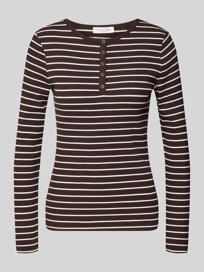 Produktfoto, Slim Fit Langarmshirt aus Baumwoll-Mix mit kurzer Knopfleiste von Christian Berg Woman, braun-weiß gestreift, elastischer Stoff, Rundhalsausschnitt, langärmliges Design, Rückenlänge bei Größe S 58 cm