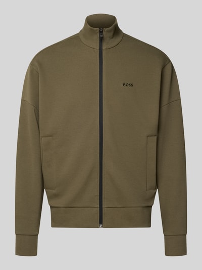 Produktfoto, olivgrüne Regular Fit Sweatjacke aus Baumwoll-Mix Modell 'SW_Union Skaz' von BOSS Green, glatte Struktur, schwarze Zipperdetails
