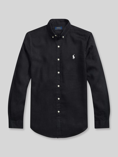 Produktfoto, Regular Fit Freizeithemd aus reinem Leinen von Polo Ralph Lauren in Schwarz, unifarben, langarm, Knopfleiste, Logo-Stickerei.