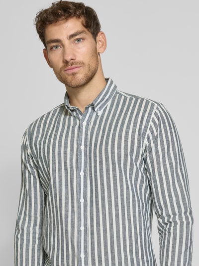 Lindbergh Slim Fit Freizeithemd aus Leinen-Baumwoll-Mix Dunkelblau 3