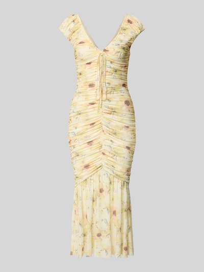 Produktfoto, Midikleid mit Drapierungen und V-Ausschnitt von Little Mistress im gelben Material-Mix mit Stretch-Anteil, figurbetonter Schnitt, florales Muster, Rückenlänge bei Größe 36: 120 cm