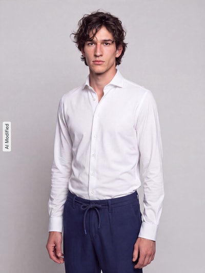 Männermodel trägt weißes Slim Fit Businesshemd aus Baumwoll-Modal-Mix Modell 'Light Spread Kent' von Seidensticker, Ganzkörperansicht von vorne, Herren Businesshemd von Seidensticker, KI-modifiziertes Bild.